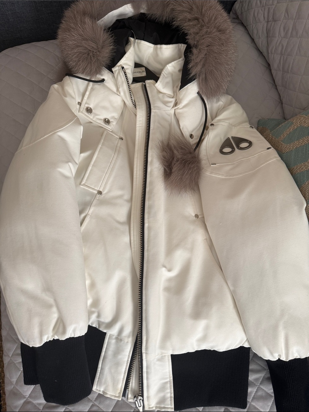 Moose Knuckles Ivory Hooded Bomber with Taupe Fur Trim